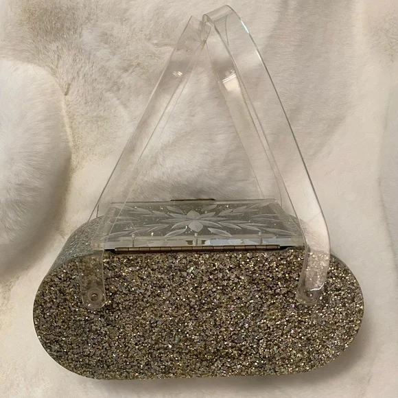 Vintage oval lucite purse, silver glitter double handle. Florida Handbags - Picture 3 of 5